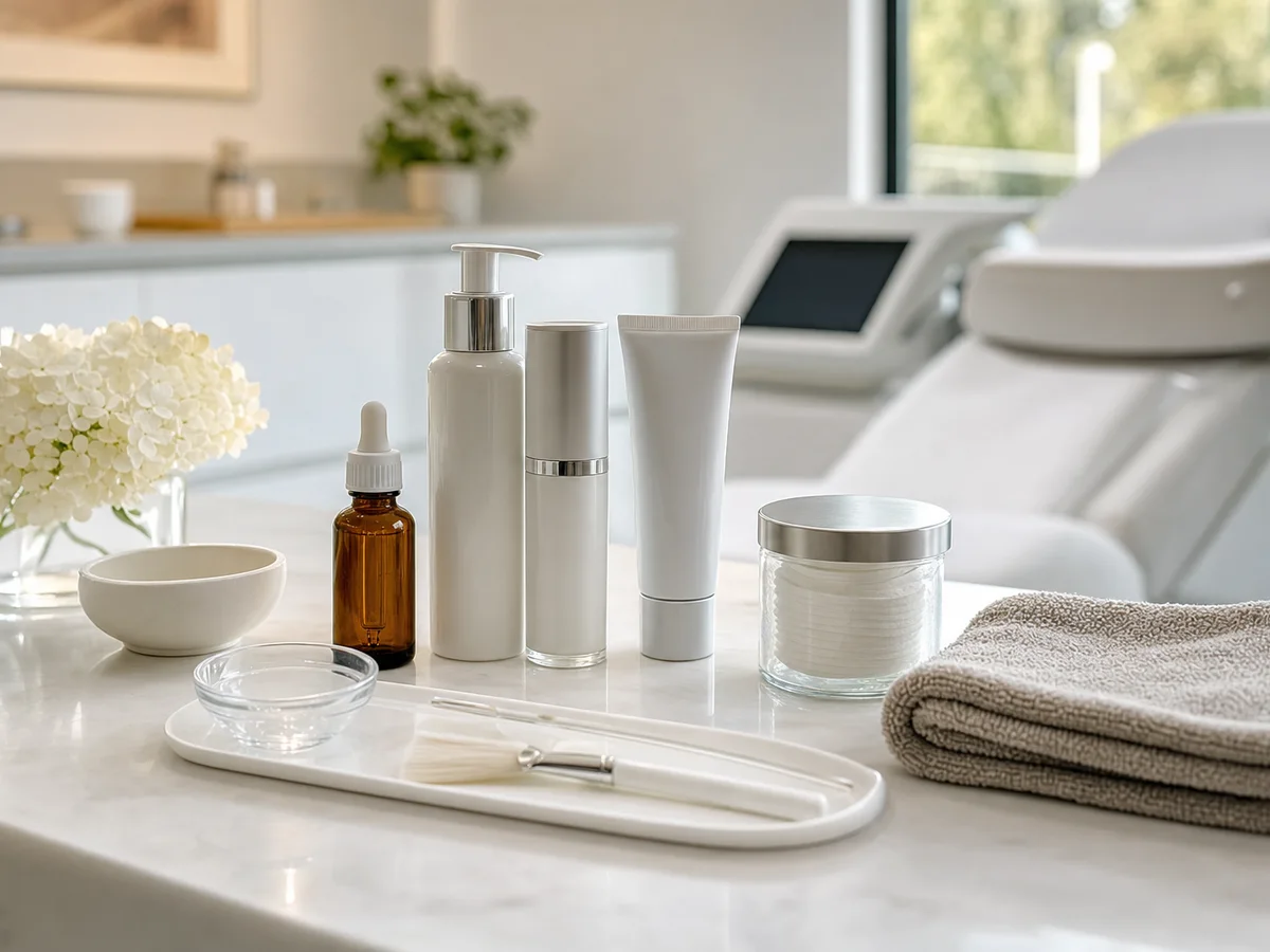 Unbranded aesthetics products staged on a clean med spa counter