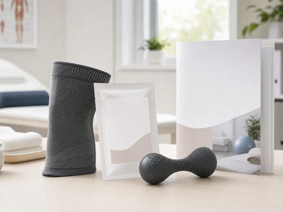 Unbranded prevention and pain-management products staged on a clinic desk
