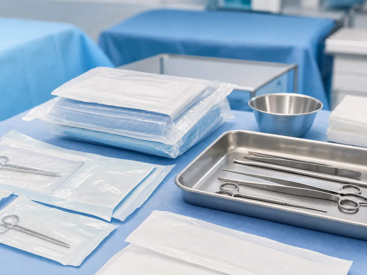 Unbranded surgical support materials arranged on a sterile clinical tray