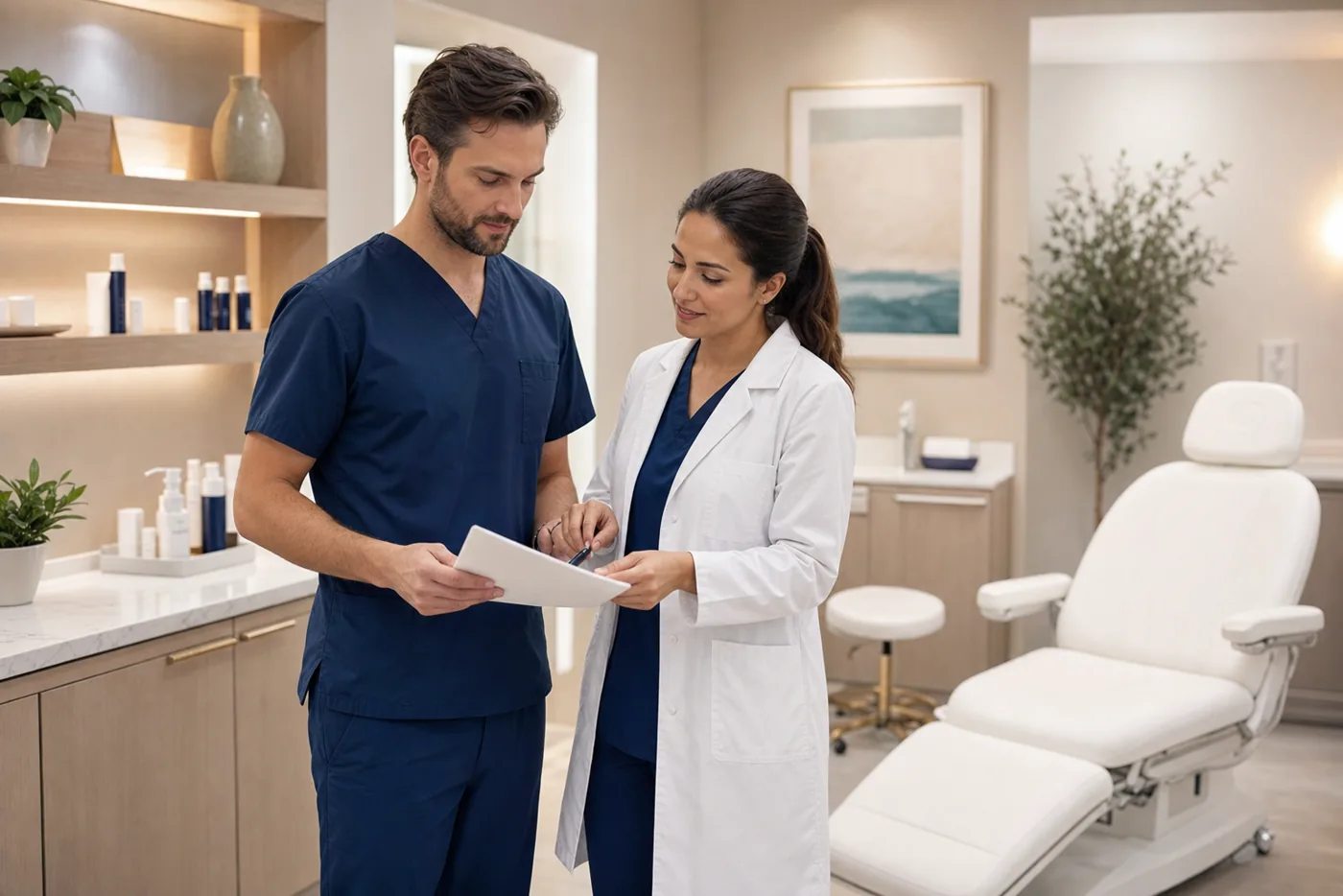 Clinic professionals reviewing category information in a clean med spa style treatment room