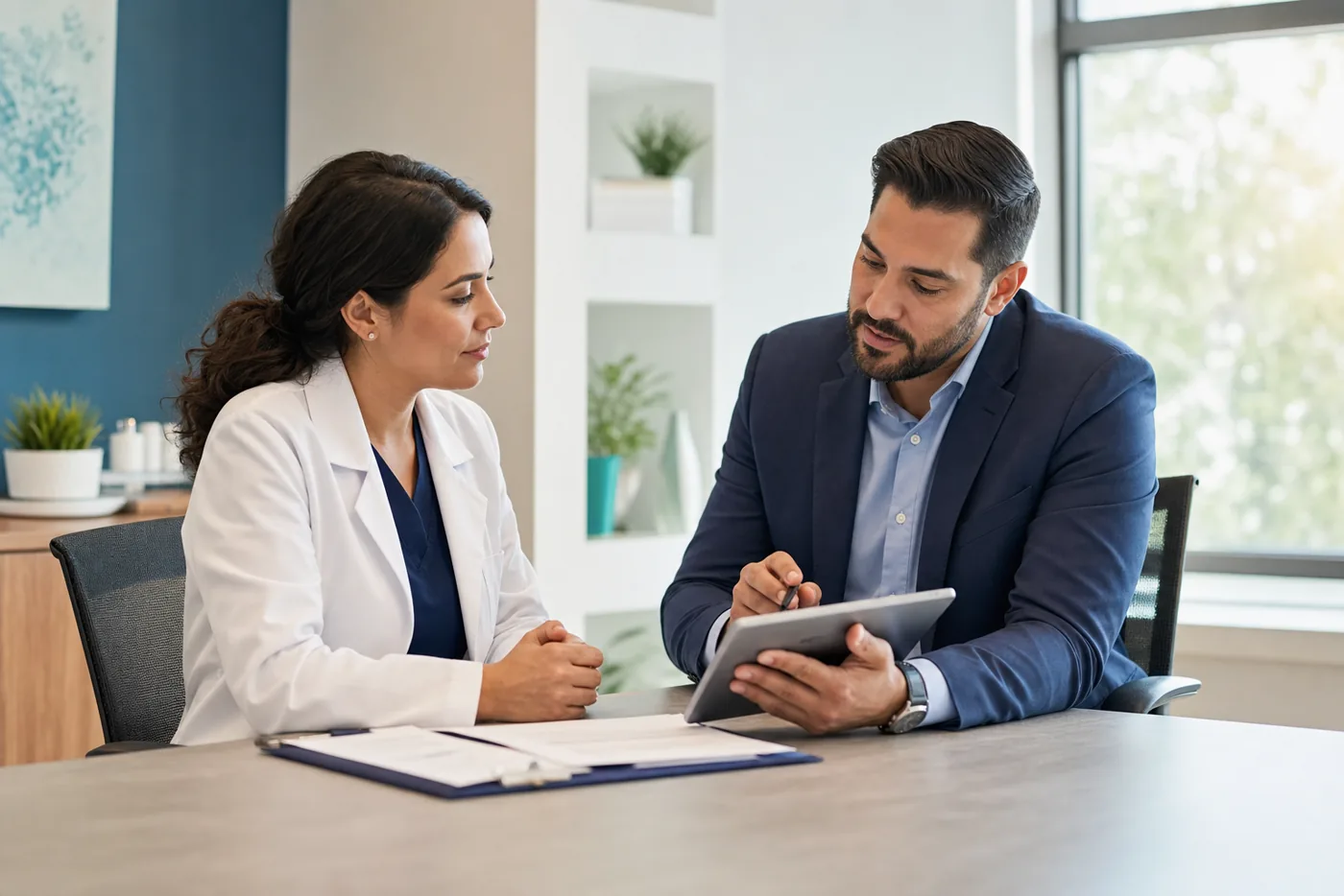 Healthcare professional and MDM representative reviewing information in a modern clinic setting