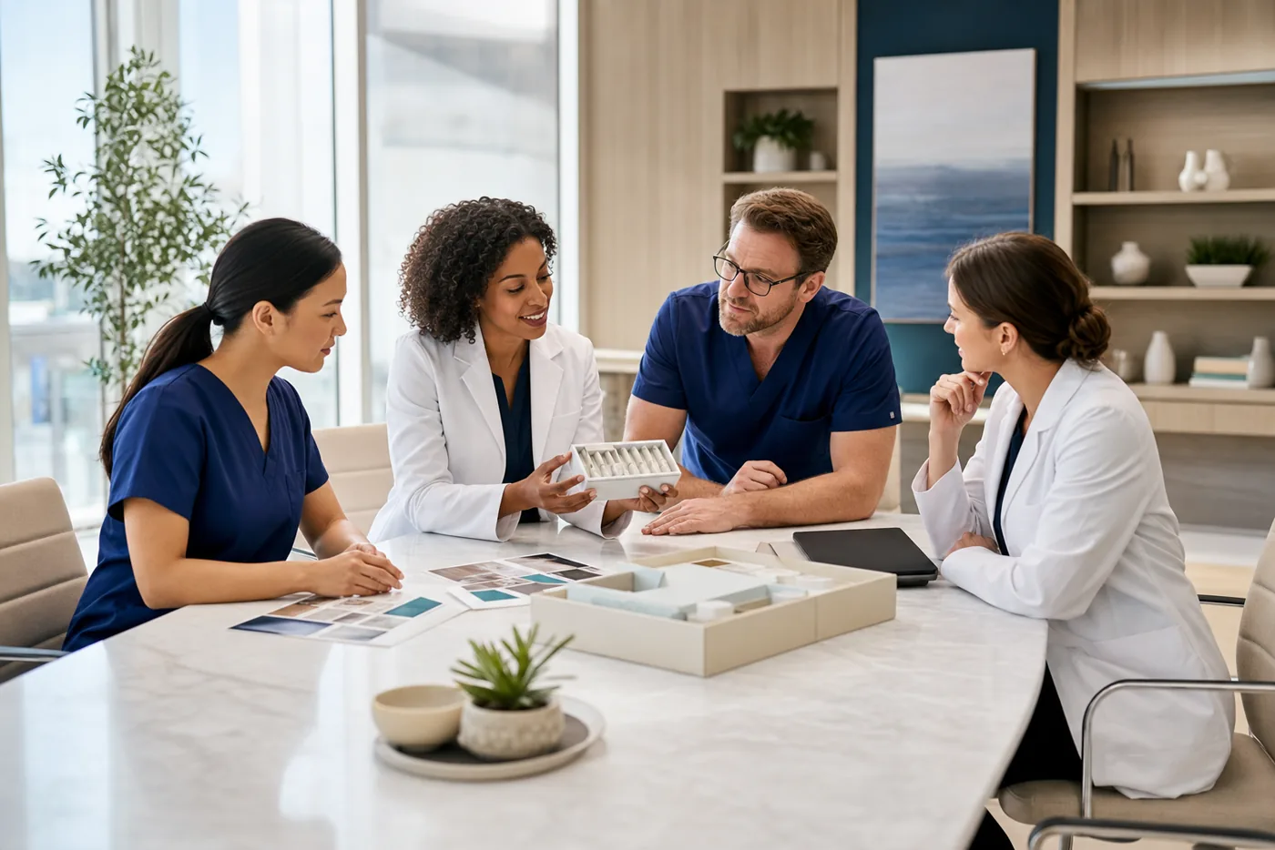 Healthcare product partner team reviewing neutral sample materials in a professional clinical meeting space