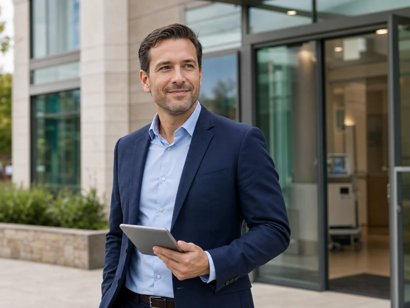 Independent healthcare sales representative outside a modern clinic entrance holding a tablet before a meeting